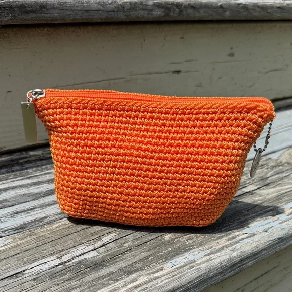 The Sak Bright Orange woven crochet Clutch case cosmetic makeup bag boho purse - Picture 5 of 9